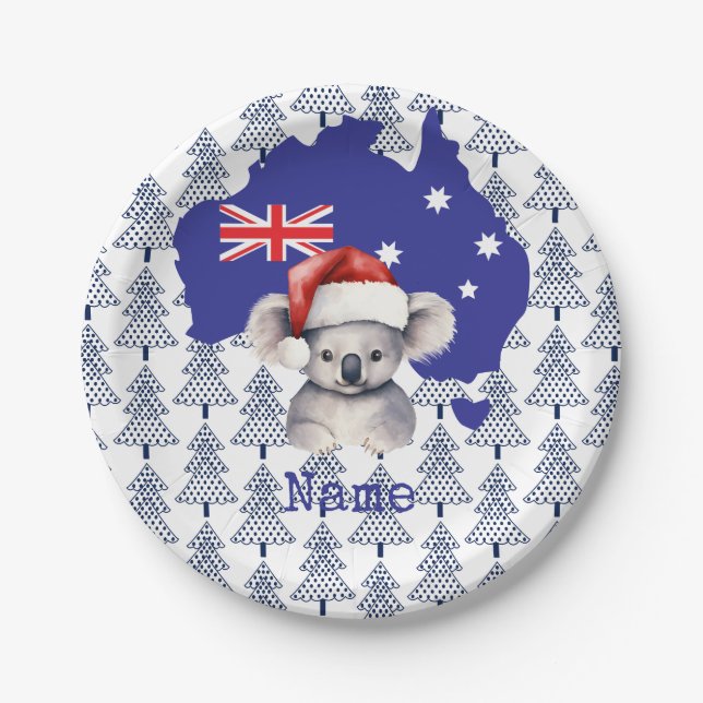 Koala Bear on Australia Flag and Christmas Tree Pappteller (Vorderseite)
