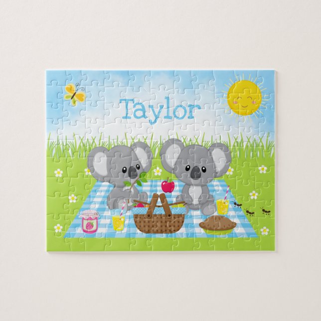 Koala Bear Picnic Boy Blue Gingham (Horizontal)