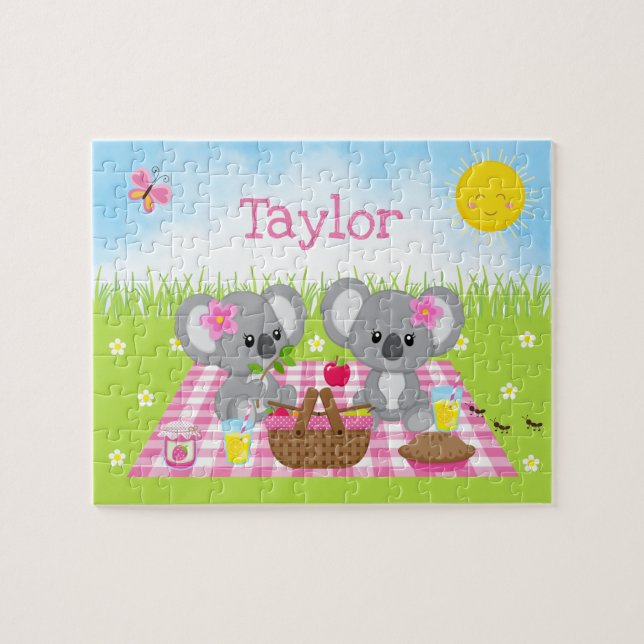 Koala Bear Picnic Girl Pink Gingham (Horizontal)