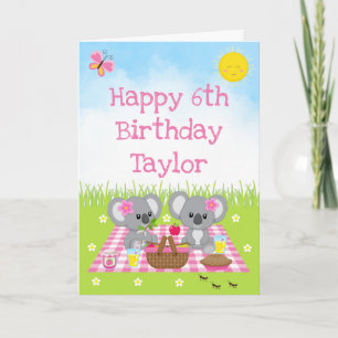 Koala Bear Picnic Pink Gingham Happy Birthday Karte