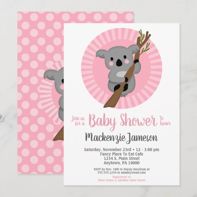 Koala Bear Pink Girls Babydusche Einladung (Vorne/Hinten)