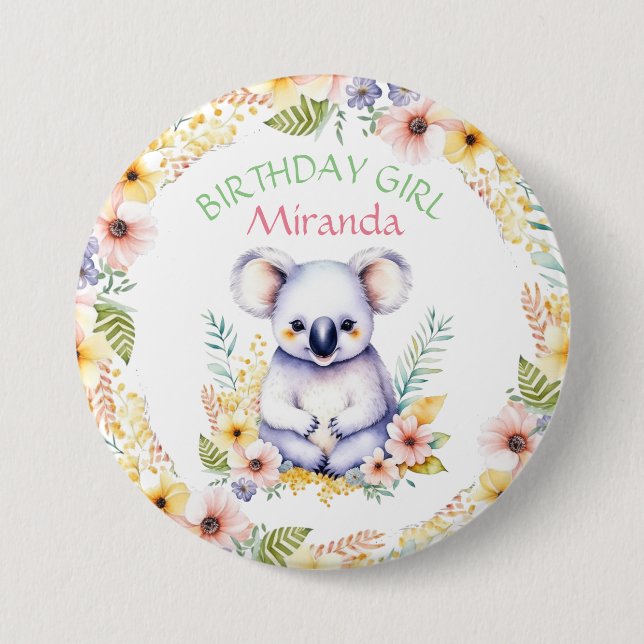 Koala Bear Themed Birthday Girl Personalisiert Button (Vorderseite)