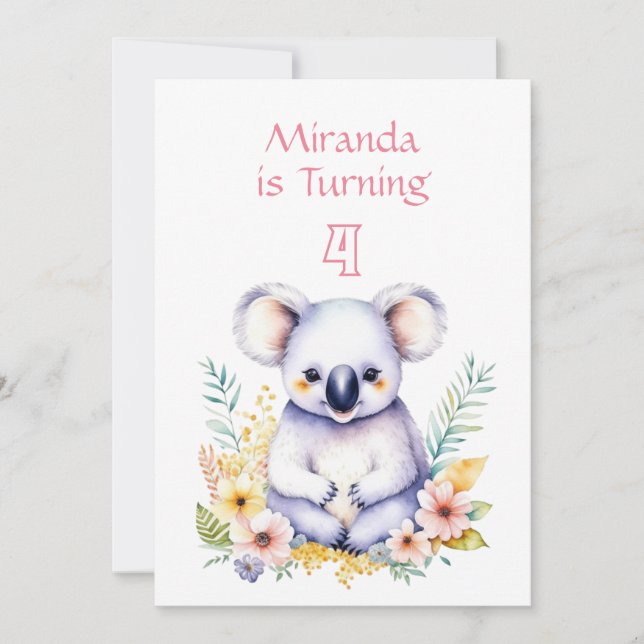 Koala Bear Themed Girl's Birthday Party Einladung (Vorderseite)