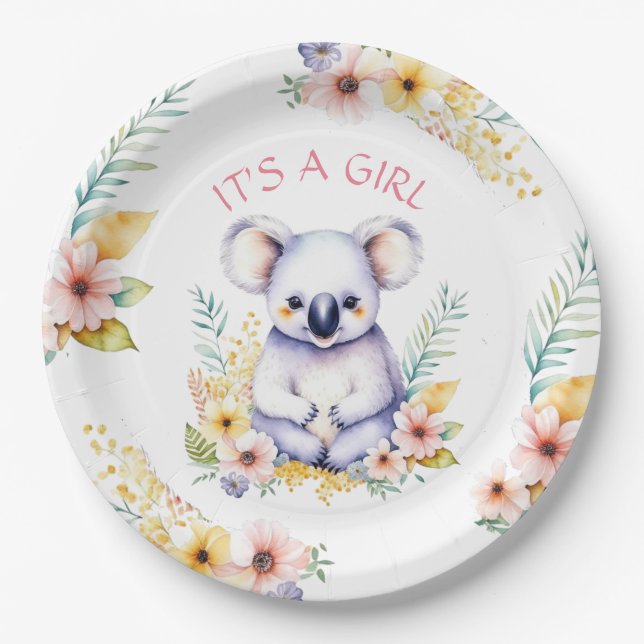 Koala Bear Themed It's a Girl Baby Shower Pappteller (Vorderseite)