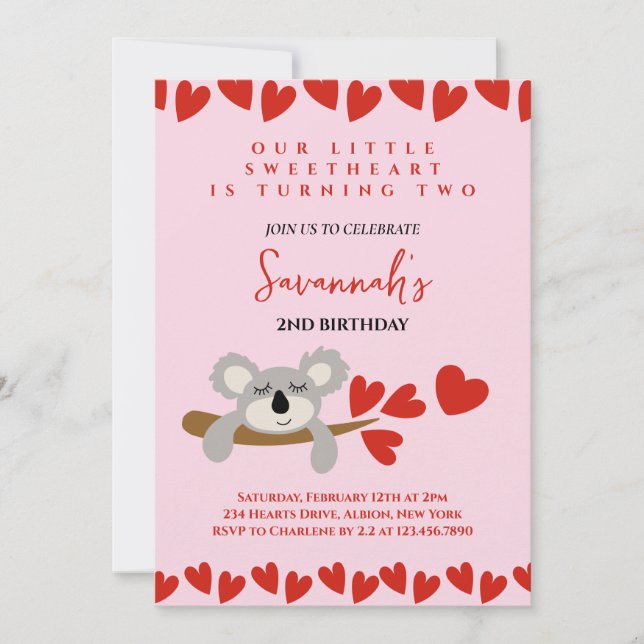 Koala Bear Valentine's Day Birthday Hearts Einladung (Vorderseite)