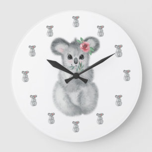 Koala Bear Watercolor Girl Nursery Große Wanduhr