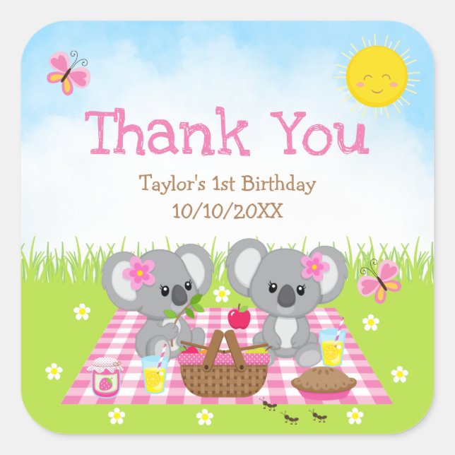 Koala Bears Picnic Birthday Pink Gingham Vielen Da Quadratischer Aufkleber (Vorderseite)