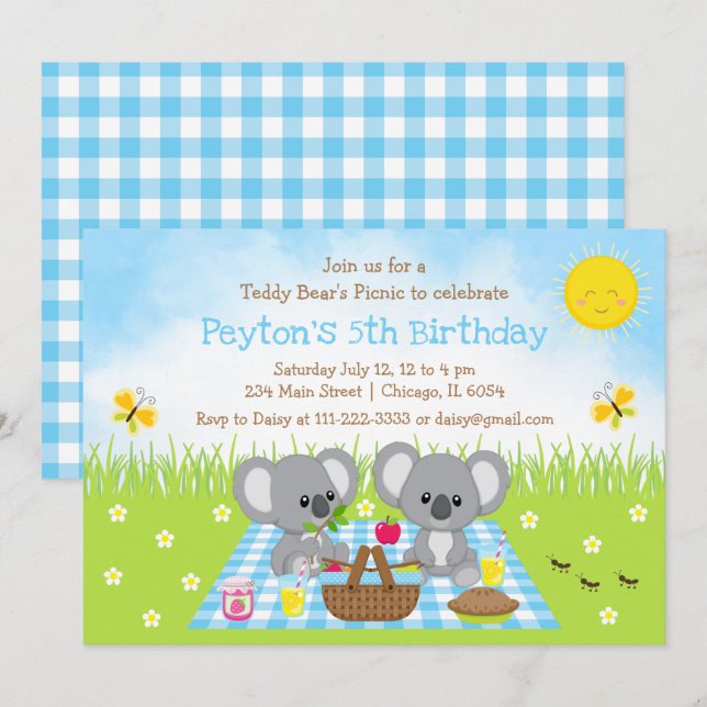 Koala Bear's Picnic Blue Gingham Birthday Einladung (Vorne/Hinten)