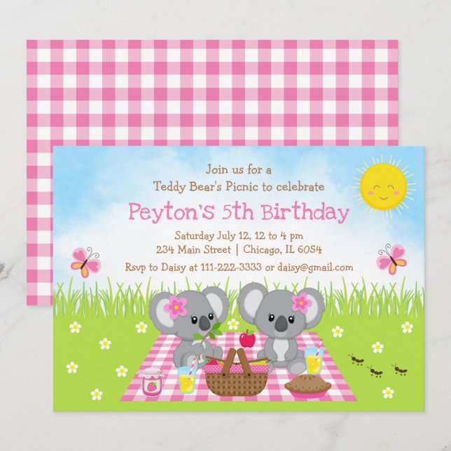 Koala Bear's Picnic Pink Gingham Birthday Einladung (Vorne/Hinten)