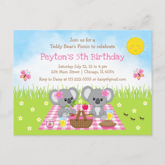 Koala Bear's Picnic Pink Gingham Birthday Postkarte (Vorderseite)