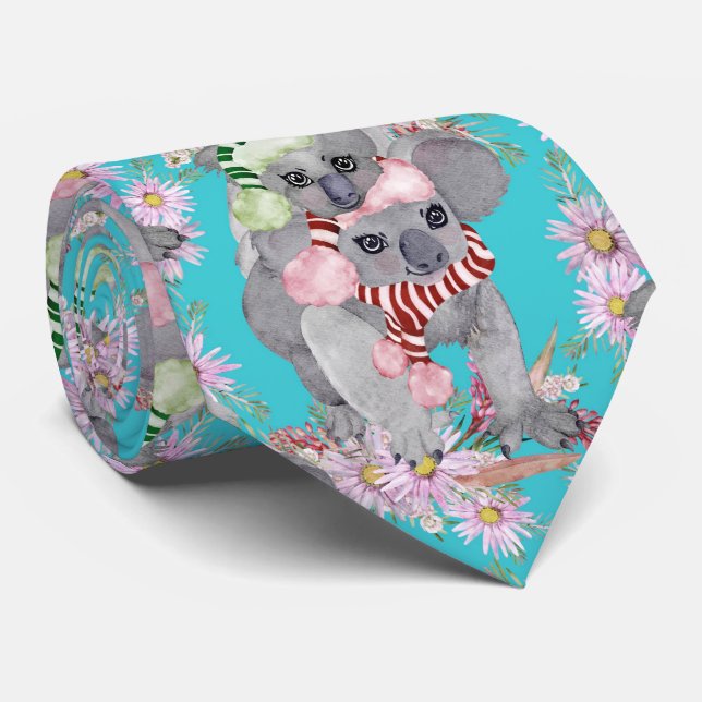Koala Christmas Botanical Vintag Blue Krawatte (Gerollt)