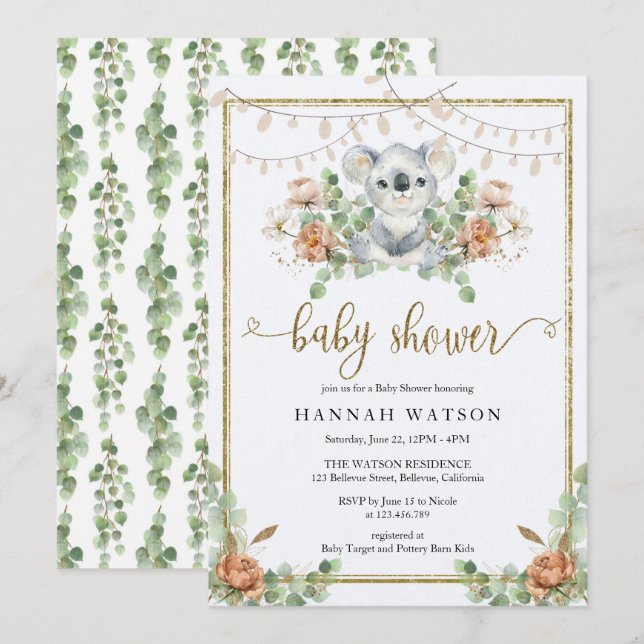 Koala Eucalyptus Woodland Boho Babydusche Einladung (Vorne/Hinten)