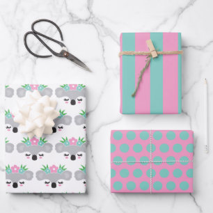 Koala Floral Pastel Wrapping Paper Set Geschenkpapier Set