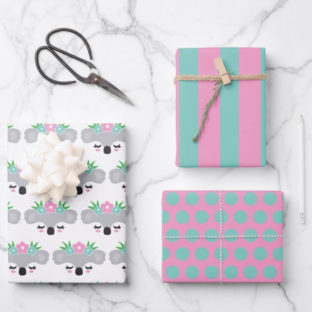 Koala Floral Pastel Wrapping Paper Set Geschenkpapier Set (Vorderseite)