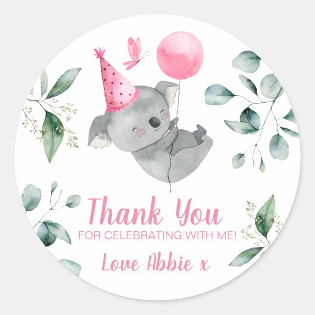 Koala Girl Pink Birthday Gevor Runder Aufkleber (Vorderseite)