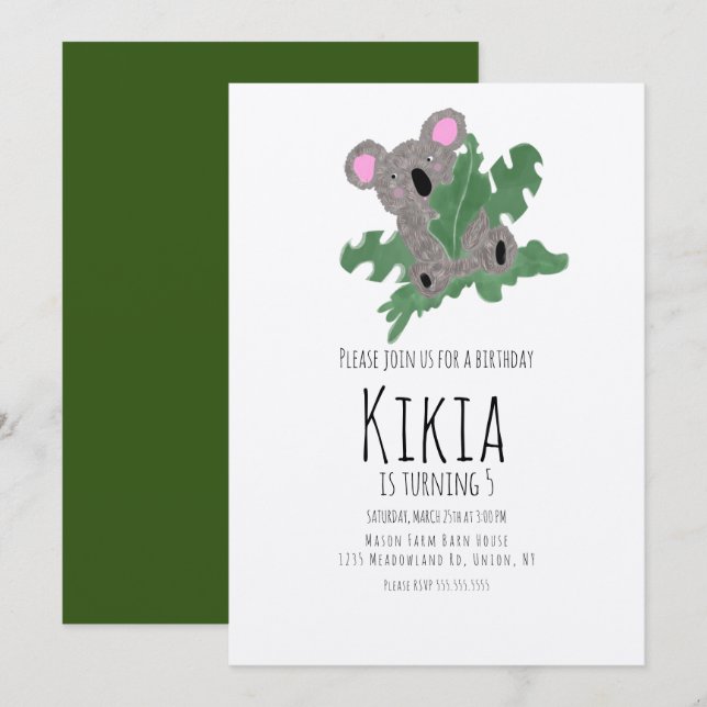 Koala Hand Drawn Animal Green Birthday Party Einladung (Vorne/Hinten)