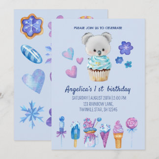 Koala Kuchen Eiscreme Blaue Wasserfarbe 1. Geburts Einladung