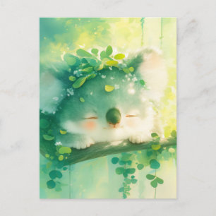 Koala mit Blätterkrone im sonnendurchfluteten Wald Postkarte