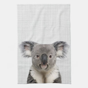 Koala mit grauem Leinenhintergrund Geschirrtuch