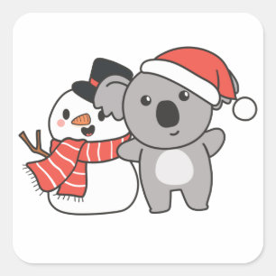 Koala mit Schneemann im Winter für den Weihnachtsp Quadratischer Aufkleber