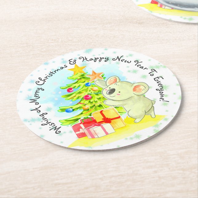 Koala mit Tree & Star Australisches Weihnachts-Par Runder Pappuntersetzer (Angewinkelt)