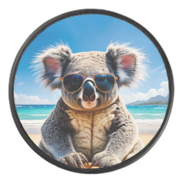 Koala on a sandy beach  eishockey puck