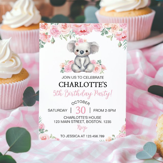Koala Pink Floral Greenery Girl Birthday Party Einladung (Von Creator hochgeladen)