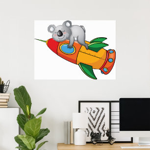 Koala schlafen bei einer farbenfrohen Rakete Poster