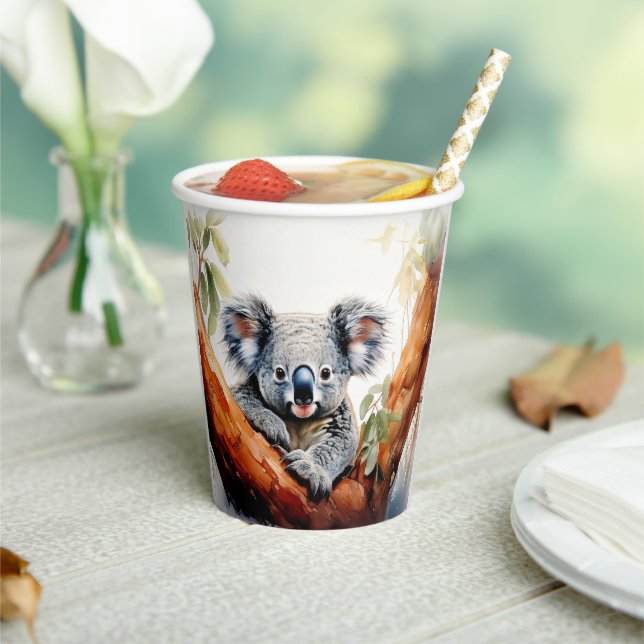 Koala sitzt in einem Kaugummi Pappbecher (In Situ)