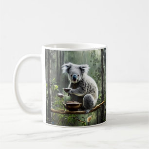 Koala trinkt Tee in einem Baum Kaffeetasse
