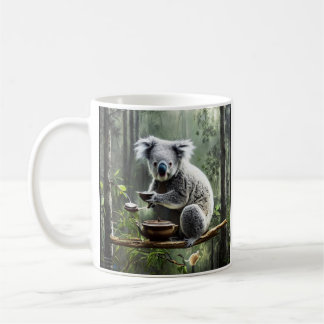 Koala trinkt Tee in einem Baum Kaffeetasse