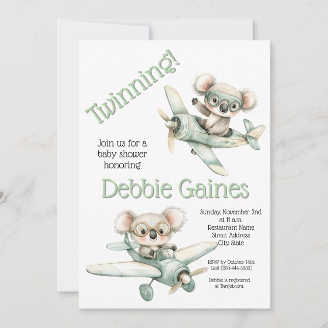 Koala Twin Baby Shower Einladung | Neutral des Ges (Vorderseite)