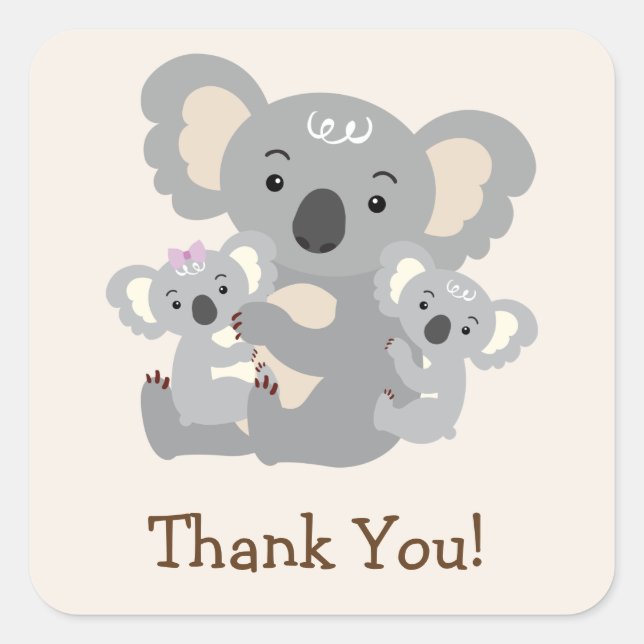 Koala Twins Baby Dusche Vielen Dank Quadratischer Aufkleber (Vorderseite)