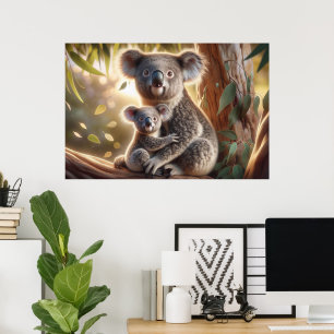 Koala und Baby Joey in einer Baummalerei Poster