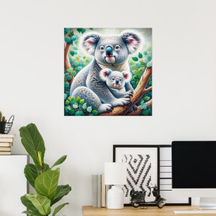 Koala und Baby Joey in einer Baummalerei Poster