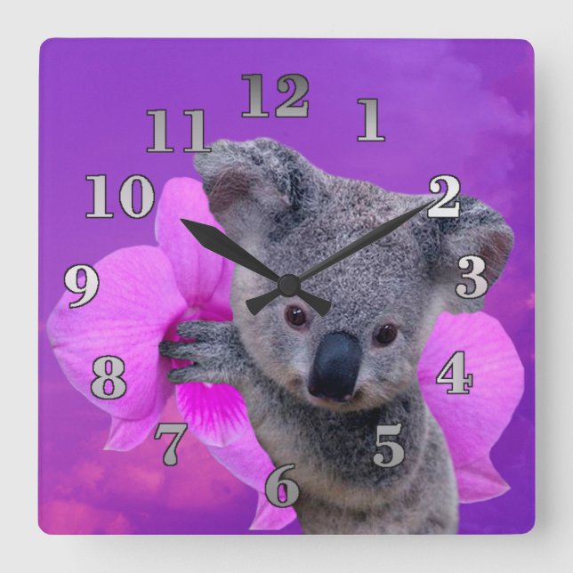 Koala und Orchidee Quadratische Wanduhr (Vorderseite)
