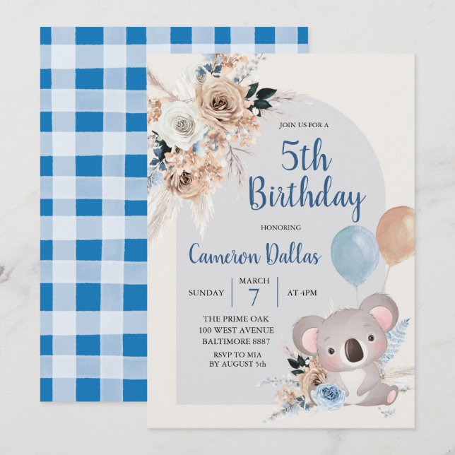 Koala und Pampas Grass Dark Blue Birthday Party Einladung (Vorne/Hinten)