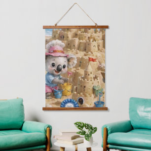 Koalas beim Bau eines spektakulären Strand-Sandbur Wandteppich Mit Holzrahmen
