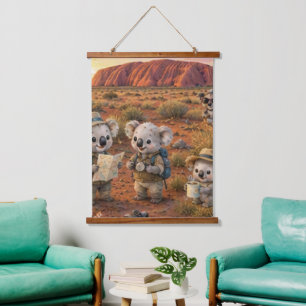 Koalas erkunden Uluru im australischen Outback Wandteppich Mit Holzrahmen