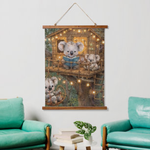 Koalas genießen ein magisches Regenwald-Baumhaus Wandteppich Mit Holzrahmen