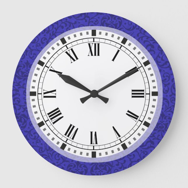 Kobalt-Blau Tudor Garten-Blumendamast Große Wanduhr (Vorderseite)