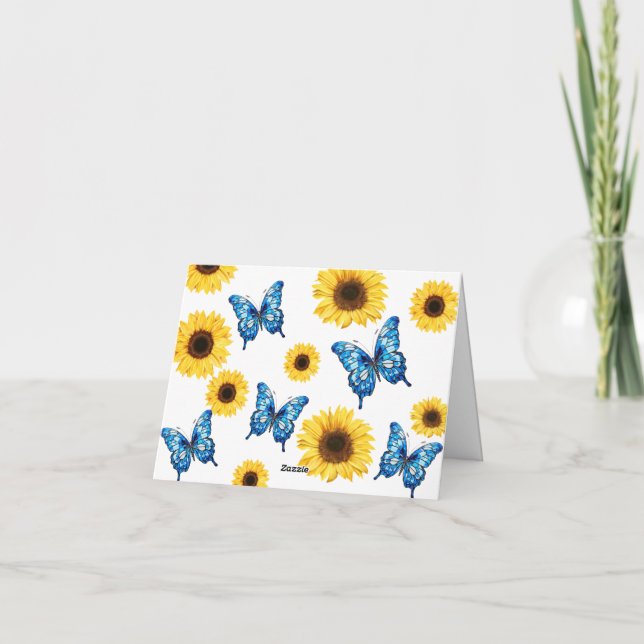 Kobalt Blauer Schmetterling und Sonnenblumen Babyd Dankeskarte (Rückseite)