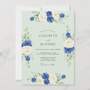 Kobalt-Celadon-Rosen-Hochzeit Einladung