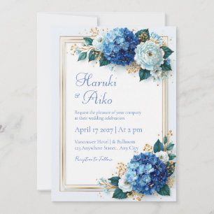 Kobalt-Hortensien-Blumenrahmen-Hochzeit vergoldet Einladung