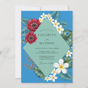Kobalt-Plumeria-Tropische-Eukalyptus-Hochzeit Einladung