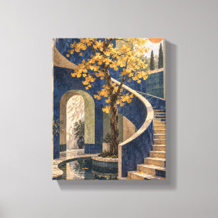 Kobalt-Treppenhaus mit goldenem Ginkgo Leinwanddruck