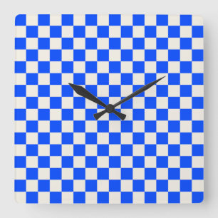 Kobalt- und cremefarbenes Schachbrettmuster Quadratische Wanduhr
