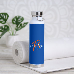 Kobaltblau Orange Weiß Schrift Monogramm Name Trinkflasche