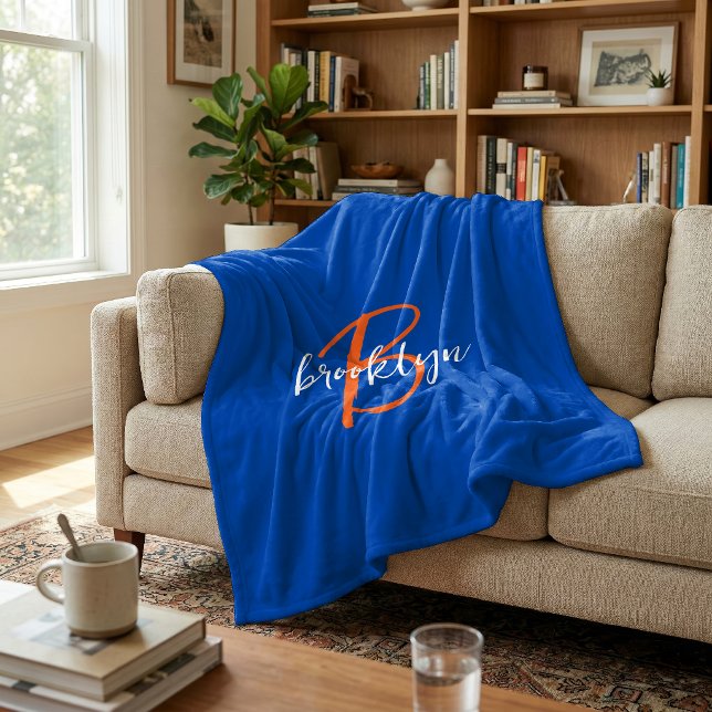 Kobaltblau Orange Weiß Skript Monogramm Name Fleecedecke (Von Creator hochgeladen)