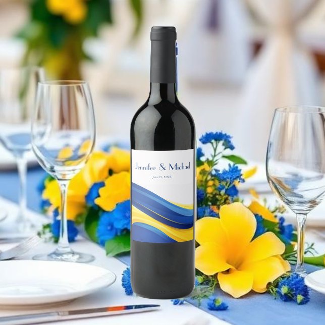 Kobaltblau und Zitronengelb Moderne Hochzeit Weinetikett (Cobalt Blue and Lemon Yellow Modern Wedding Wine Label )
